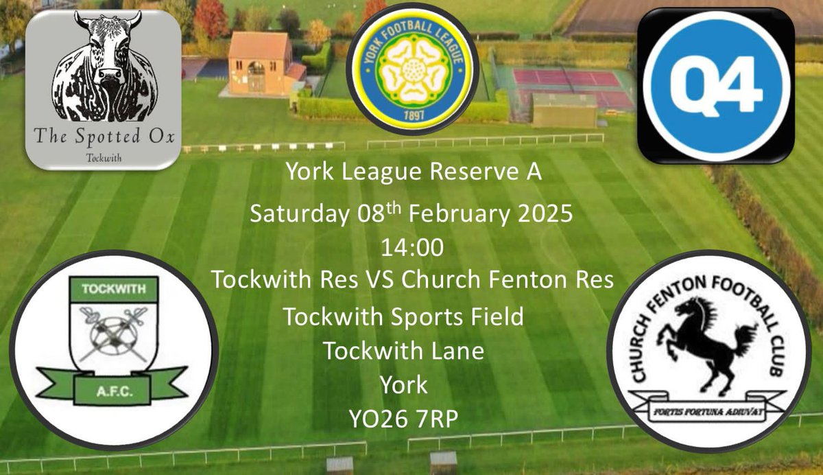 Tockwith AFC (@tockwithafc) on Twitter photo Just the 1 game this weekend, as the 2s host <a href="/churchfentonfc/">Church Fenton FC</a>
2pm KO.
Thanks to our sponsors <a href="/q4bathrooms/">Q4 Bathrooms</a> and The Spotted Ox. Just the 1 game this weekend, as the 2s host <a href="/churchfentonfc/">Church Fenton FC</a>
2pm KO.
Thanks to our sponsors <a href="/q4bathrooms/">Q4 Bathrooms</a> and The Spotted Ox.