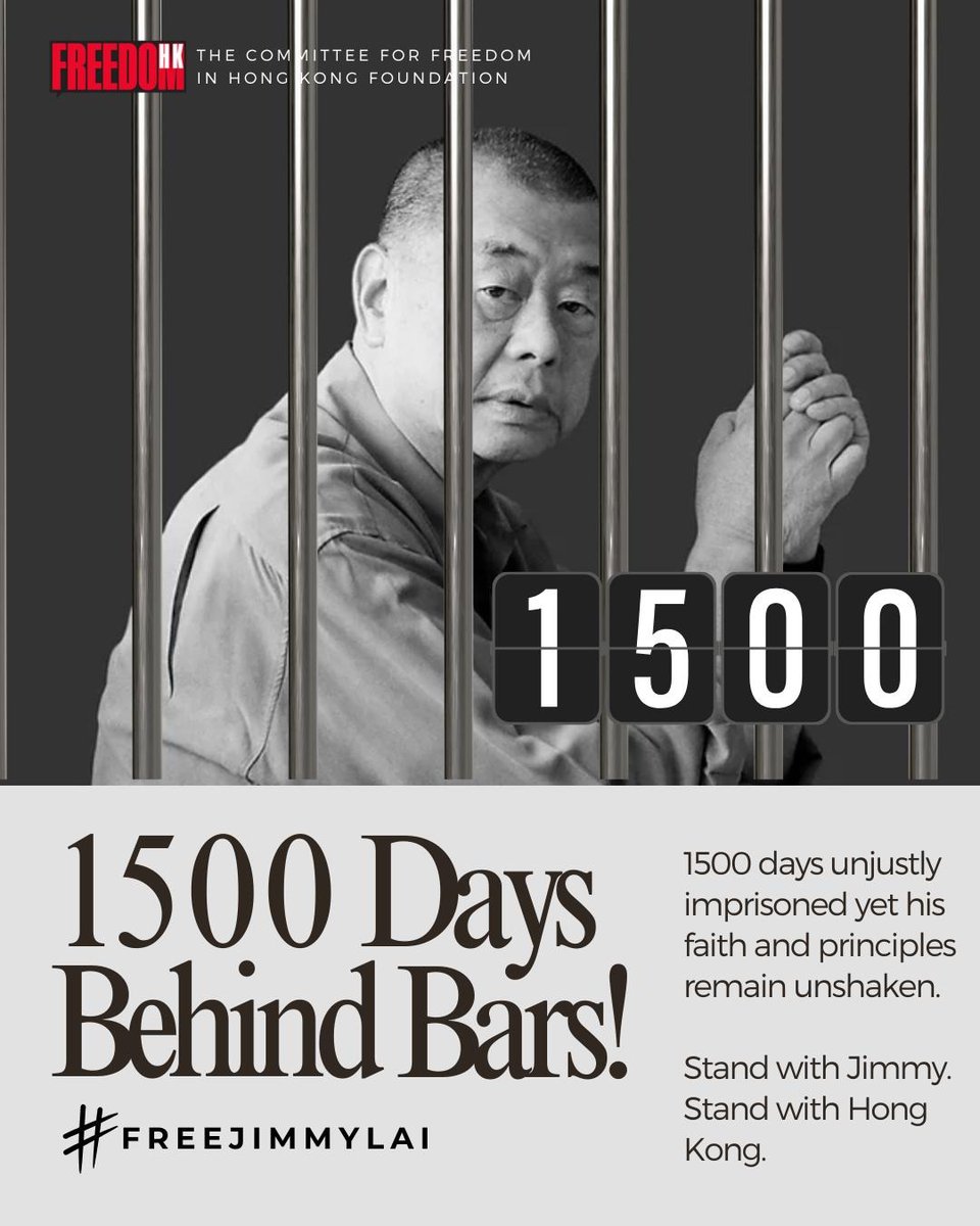 thecfhk's tweet photo. #JimmyLai has spent 1500 days in jail, mostly in solitary. His crime? Leading the #HongKong pro-democracy news outlet Apple Daily, which was closed under the National Security Law. His trial is still ongoing. We must keep his case in the spotlight to  #FreeJimmyLai #BringHimHome https://t.co/CYrCPNu6tA