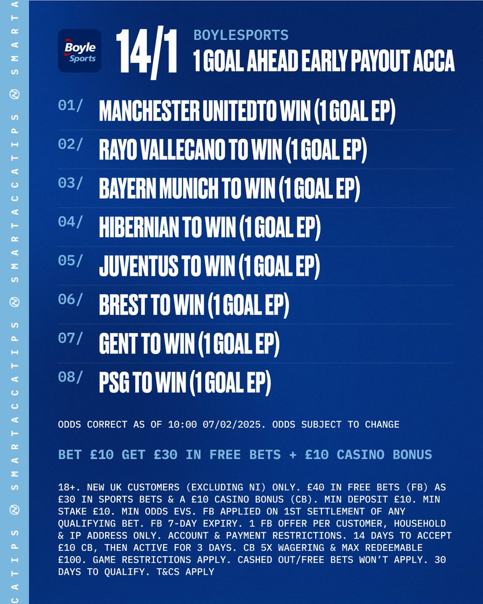 SmartAccaTips's tweet photo. 🤞 14/1 ONE GOAL AHEAD EARLY PAYOUT ACCA!!

💚 £25 TO SOMEONE WHO LIKES THIS POST.
♻️ £25 TO SOMEONE WHO REPOSTS IT!

👊 This is best priced on Boylesports:  https://t.co/YZPcNyqvIm

🎁 Join today, bet £10 and get £40 in FREE BETS!

🍀 Lets get the weekend off to a flyer! 

🙏 Winners announced IF this bet wins. 

Ad | GambleAware | 18+ | New Customer Offer | Always Gamble Responsibly