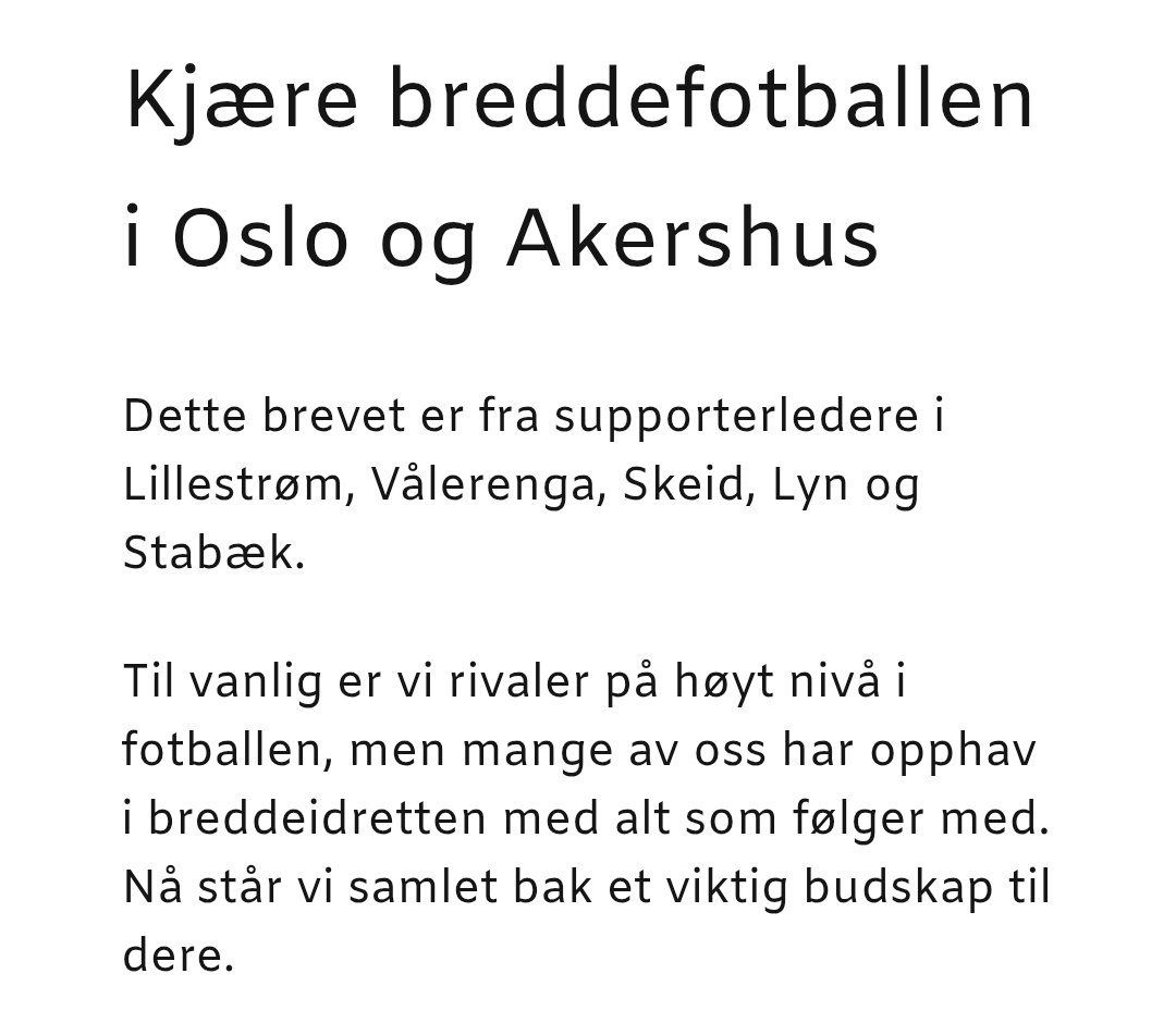 ‼️
I dag sender supportere og klubbmedlemmer i <a href="/kanarifansen/">Kanari-Fansen</a>, <a href="/klanen/">VIF-Klanen</a>, <a href="/Oksene/">SkeidOksene</a>, <a href="/Bastionen/">Bastionen</a>, og <a href="/StabaekSupport/">Stabæk Support</a> sammen ut et brev til klubbene i Oslo/Akershus. 

Bredden må ikke misbrukes for å overkjøre toppklubbene. Nå må vi stå sammen mot toppen og for fotballen. 

Link⏬️