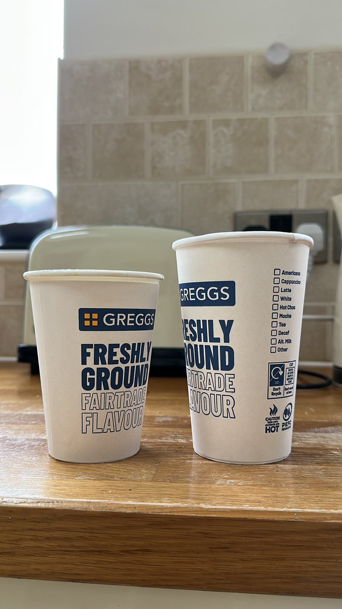 ChristianBarron's tweet photo. When I asked for a large caramel latte from @GreggsOfficial I was expecting the coffee to be in the large cup not in a small hidden cup inside a large cup!!! #robbed https://t.co/K4TWc6Ek6a