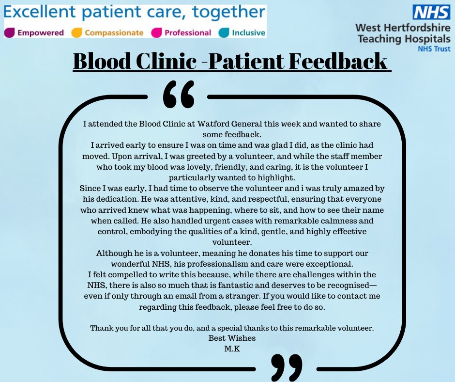 🌟 Volunteer Spotlight! 🌟
We received this heartwarming feedback about one of our amazing volunteers at the Blood Clinic!
Our volunteers make a difference every day, going above and beyond to support patients and staff. We truly appreciate your feedback 💙👏 
#NHSVolunteers