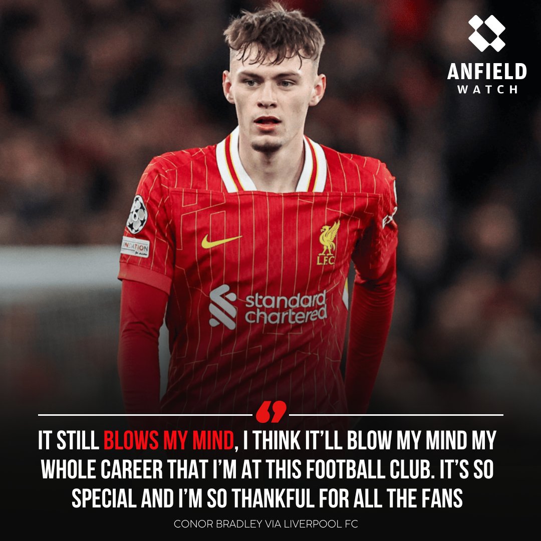 AnfieldWatch's tweet photo. Conor Bradley on hearing his name sung at Anfield 🗣️ 🌟 https://t.co/tFZh3SiBzO