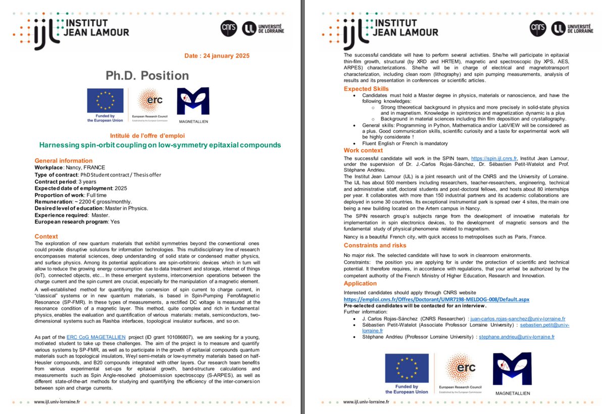 carlos_rojas101's tweet photo. #ERC-funded positions
2 PhD and 1 Research engineer (post-doc) as part of our ERC #MAGNETALLIEN research project! France 🇫🇷🇪🇺🧭🧲 #spintronics
Please see the details below. Reposts are much appreciated 👍
https://t.co/gNlWSYVncB
https://t.co/AxFbfteBtu
https://t.co/pL5YBqcHDE https://t.co/lcCUpWzuD5