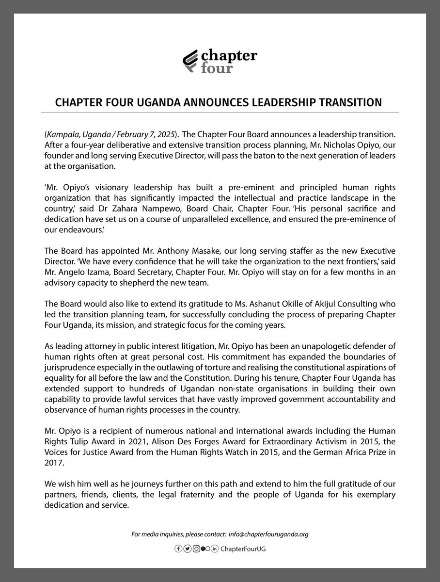 Chapter Four Uganda (@chapterfourug) on Twitter photo CHAPTER FOUR UGANDA ANNOUNCES LEADERSHIP TRANSITION
After a four-year deliberative and extensive transition process planning, <a href="/nickopiyo/">Nicholas Opiyo (Pronouns He/Him)</a>, our founding and long serving Executive Director, has passed the baton to the next generation of leaders at the organisation.
“Mr. Opiyo’s CHAPTER FOUR UGANDA ANNOUNCES LEADERSHIP TRANSITION
After a four-year deliberative and extensive transition process planning, <a href="/nickopiyo/">Nicholas Opiyo (Pronouns He/Him)</a>, our founding and long serving Executive Director, has passed the baton to the next generation of leaders at the organisation.
“Mr. Opiyo’s