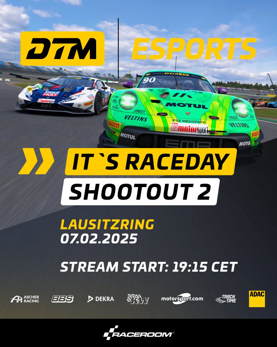 🏁 It's time for Shootout 2 in the #DTM #Esports Championship!

This is the FINAL chance to qualify for the full season. Don't miss the action as drivers give it their all at the Lausitzring!

📺 19:15 CET / 18:15 UTC

🇬🇧 youtu.be/SurOOYEVaAc
🇩🇪 youtu.be/YCFHPsBdi3c