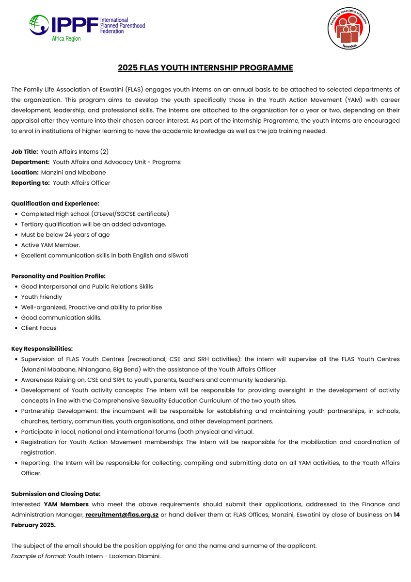 YAM_Eswatini1's tweet photo. YOUTH INTERNSHIP PROGRAM OPPORTUNITY- Youth Interns (2).
Please note that this opportunity is exclusively available for YAM Members.
#nothingforuswithoutus
#YouthInternshipProgram https://t.co/0Kg2JQLqYD