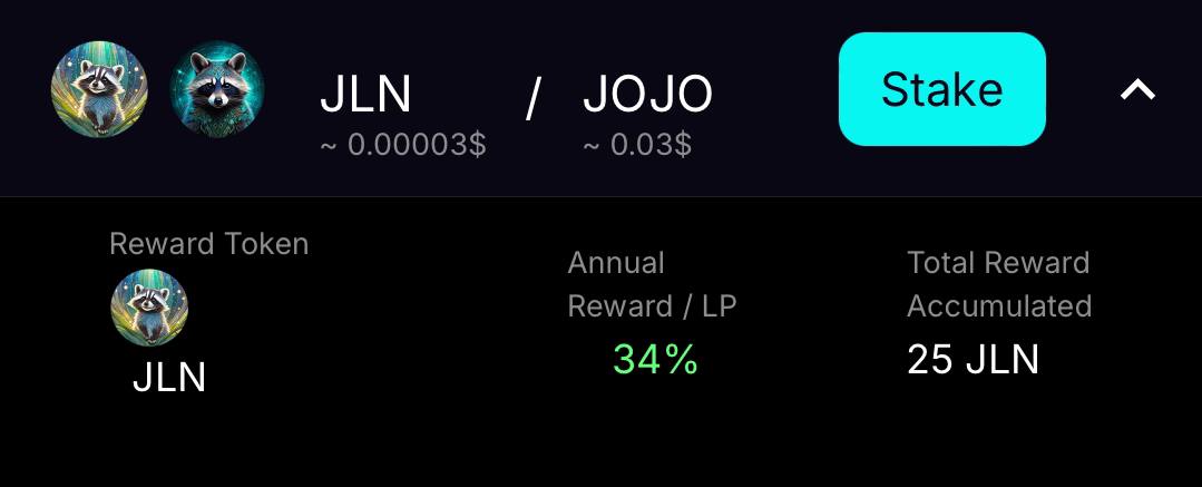 JoJoRacoon's tweet photo. Another farm opened on @OneDex_X 🎉

🦝 $JLN / 🦝 $JOJO ❤️

Stake your $JLNJOJO LP and earn $JLN
34% APR 🚀 https://t.co/r14ZSNGaon