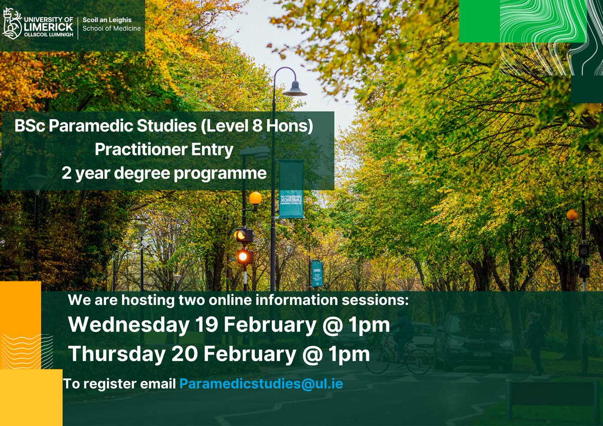 🚨Are you a registered Paramedic looking to obtain your BSc in Paramedic Studies?
Applications are now open for our 2025/26 Practitioner Entry Programme. We are hosting online information sessions this month, email ParamedicStudies@ul.ie to register. #studyatUL #paramedicstudies