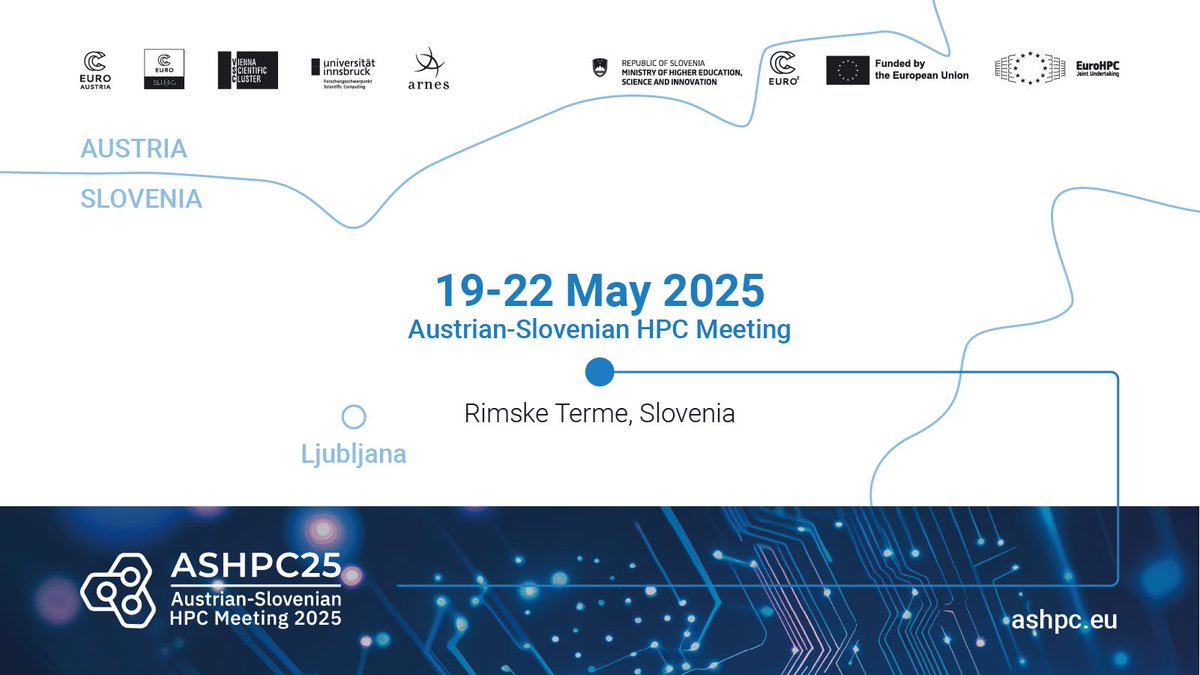 Vienna Scientific Cluster (VSC) (@vscluster) on Twitter photo REGISTRATION OPEN #ASHPC25
Secure your spot at the Austrian-Slovenian HPC meeting and join the European #HPC community in May 2025 at the beautiful Rimske Terme in Slovenia!
Registration open until 15 February ashpc.eu/event/25/
<a href="/eurocc_austria/">EuroCC Austria</a> <a href="/EuroCC_SLING/">Nacionalni kompetenčni center HPC</a> <a href="/uniinnsbruck/">@uniinnsbruck@social.uibk.ac.at</a> REGISTRATION OPEN #ASHPC25
Secure your spot at the Austrian-Slovenian HPC meeting and join the European #HPC community in May 2025 at the beautiful Rimske Terme in Slovenia!
Registration open until 15 February ashpc.eu/event/25/
<a href="/eurocc_austria/">EuroCC Austria</a> <a href="/EuroCC_SLING/">Nacionalni kompetenčni center HPC</a> <a href="/uniinnsbruck/">@uniinnsbruck@social.uibk.ac.at</a>