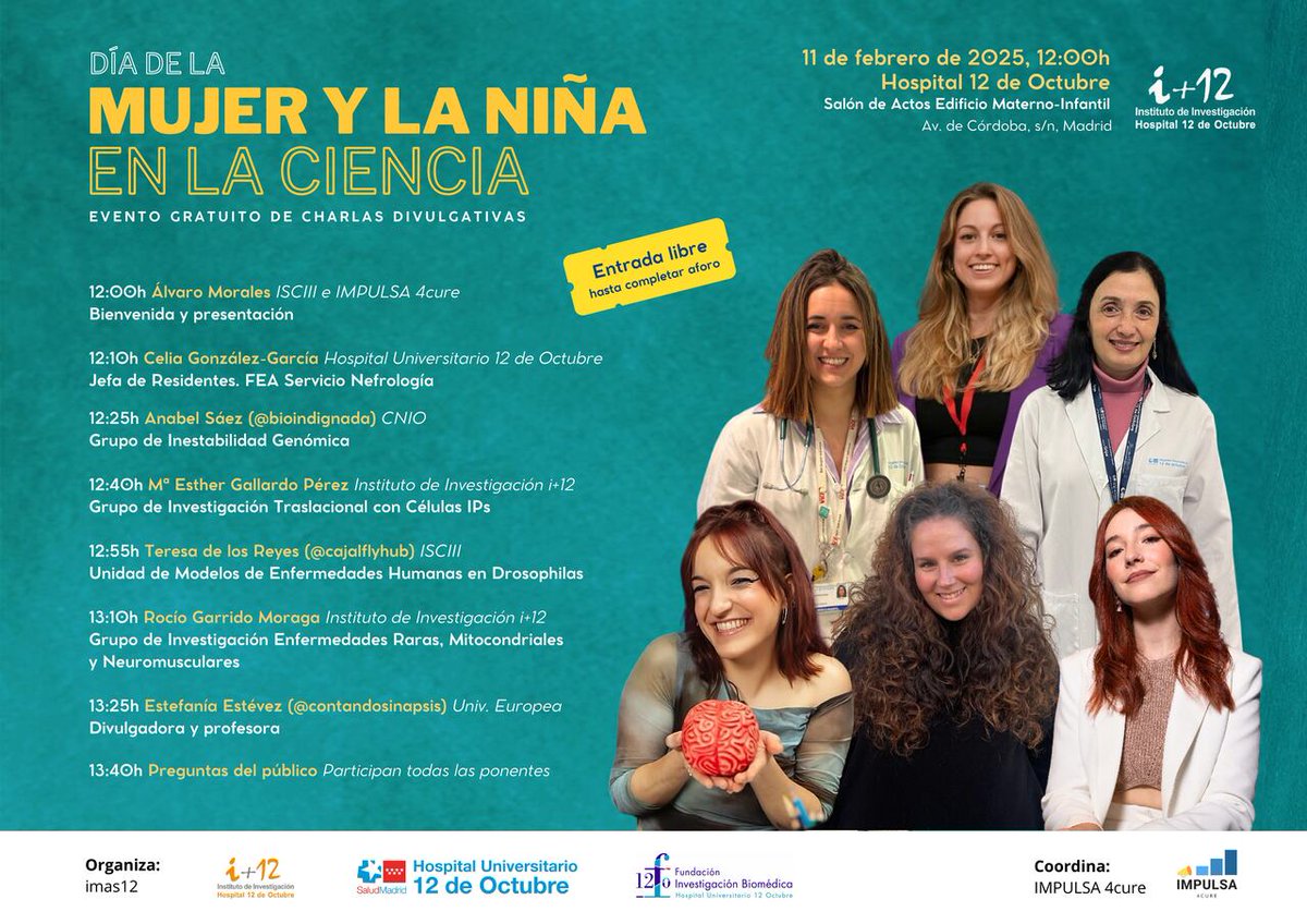 🟣 Día de la Mujer y la Niña en la Ciencia. "Un viaje de conexiones inesperadas" "Mi camino hasta ser IP de iPSCs" o "Ciencia por si las moscas" entre otras charlas a cargo de seis prestigiosas investigadoras.

📍11 de Febrero. 12:00H. Salón Materno-Infantil.

ACTIVIDAD ABIERTA