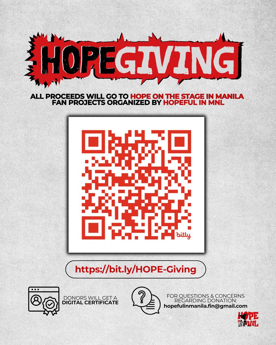 Apologies, as we had a technical hiccup regarding our HOPEGiving QR code 🥺 But good news! We're ready for your generous hearts again!

Contribute to make our projects for Hobi a reality at bit.ly/HOPE-Giving ☀️

#HOPE_ON_THE_STAGE_TOUR_PH
#HOS_TOUR_Manila
#HOPEfulinManila