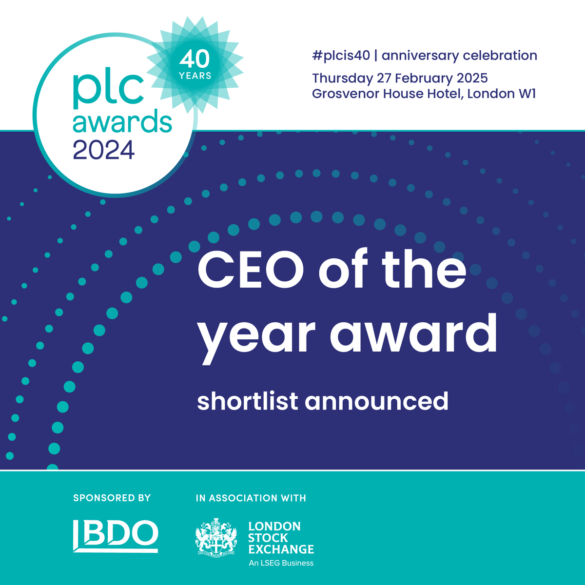 Congratulations to CEO of the Year Award shortlist sponsored by <a href="/Citi/">Citi</a>- Adam Couch <a href="/CranswickPlc/">Cranswick Plc</a>, Ronnie George Volution Group plc, John Morgan <a href="/morgansindall/">Morgan Sindall Group</a>, Nigel Newton <a href="/BloomsburyBooks/">Bloomsbury Books UK</a>, Kev Rountree <a href="/Games_Workshop1/">Games Workshop</a>, Michael Speakman <a href="/KellerUK/">Keller UK</a>, Johnny Thomson Diploma #plcis40