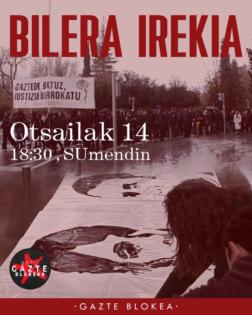 Martxoaren 3a hurbilduz doa eta Gazte Blokea martxan dago. Datorren ostiralean, otsailak 14, bilera irekia egingo dugu.

Batu Gazte Blokera! 🌹✊🏼