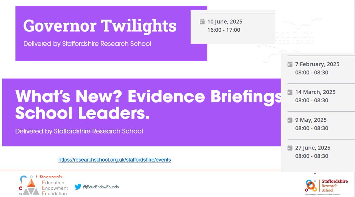 Thank you to everyone who joined us for our 'What's New' Evidence briefing this morning.  

We hope you found it useful.  

Want to keep up to date with research and opportunities?  

Join us at one of our events.  Sign up here 👇
researchschool.org.uk/staffordshire/…