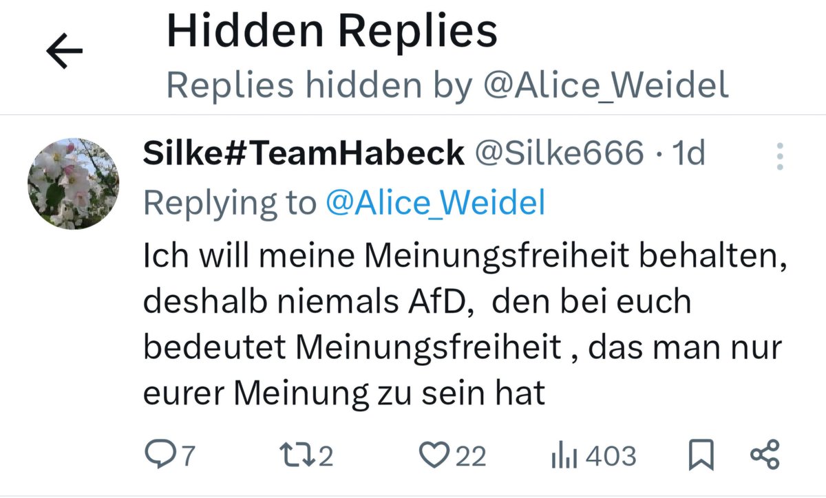 JerryAiR 🔰 (@jerryair6) on Twitter photo Hat schon was von Realsatire.
<a href="/Silke666/">Silke#linksgrünundstolzdarauf</a> tragischerweise auch ein Opfer der Zensur hunderter Kommentare unter den Posts von <a href="/Alice_Weidel/">Alice Weidel</a>.
Ist auch ehrlich spannend zu sehen, welcher Content ausgeblendet wird und welcher nicht, scheinbar jeweils ja eine sehr aktive Entscheidung. Hat schon was von Realsatire.
<a href="/Silke666/">Silke#linksgrünundstolzdarauf</a> tragischerweise auch ein Opfer der Zensur hunderter Kommentare unter den Posts von <a href="/Alice_Weidel/">Alice Weidel</a>.
Ist auch ehrlich spannend zu sehen, welcher Content ausgeblendet wird und welcher nicht, scheinbar jeweils ja eine sehr aktive Entscheidung.