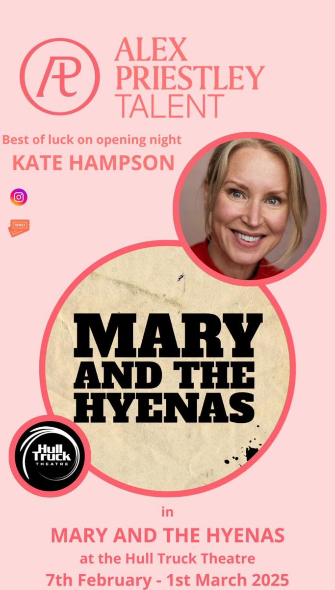 Alex Priestley Talent (@priestleytalent) on Twitter photo Catch our amazing Kate Hampson in Mary and the Hyenas, playing at the Hull Truck Theatre from 7th Feb to 1st March 2025 Catch our amazing Kate Hampson in Mary and the Hyenas, playing at the Hull Truck Theatre from 7th Feb to 1st March 2025