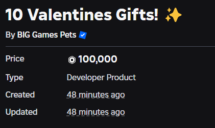 New "Valentines Gifts" Product 
Ps99
#leaks #ps99 #petsgo #roblox #biggames