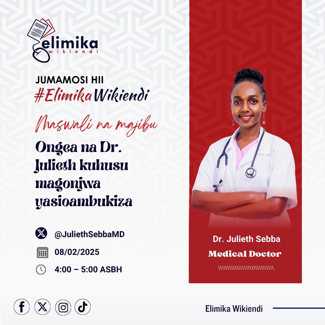 Julieth Sebba Bilakwate, MD (@juliethsebbamd) on Twitter photo Mambo Rafiki!
Kesho tukutane kwenye jukwaa la #ElimikaWikiendi tuongee kuhusu magonjwa yasiyoambukiza.
Una maswali? Kesho usikose tuyajadili
<a href="/vodacomtzfound/">Vodacom Tanzania Foundation</a>
<a href="/ElimikaWikiendi/">#ElimikaWikiendi</a>
<a href="/MuhimbiliTaifa/">Muhimbili National Hospital</a> Mambo Rafiki!
Kesho tukutane kwenye jukwaa la #ElimikaWikiendi tuongee kuhusu magonjwa yasiyoambukiza.
Una maswali? Kesho usikose tuyajadili
<a href="/vodacomtzfound/">Vodacom Tanzania Foundation</a>
<a href="/ElimikaWikiendi/">#ElimikaWikiendi</a>
<a href="/MuhimbiliTaifa/">Muhimbili National Hospital</a>
