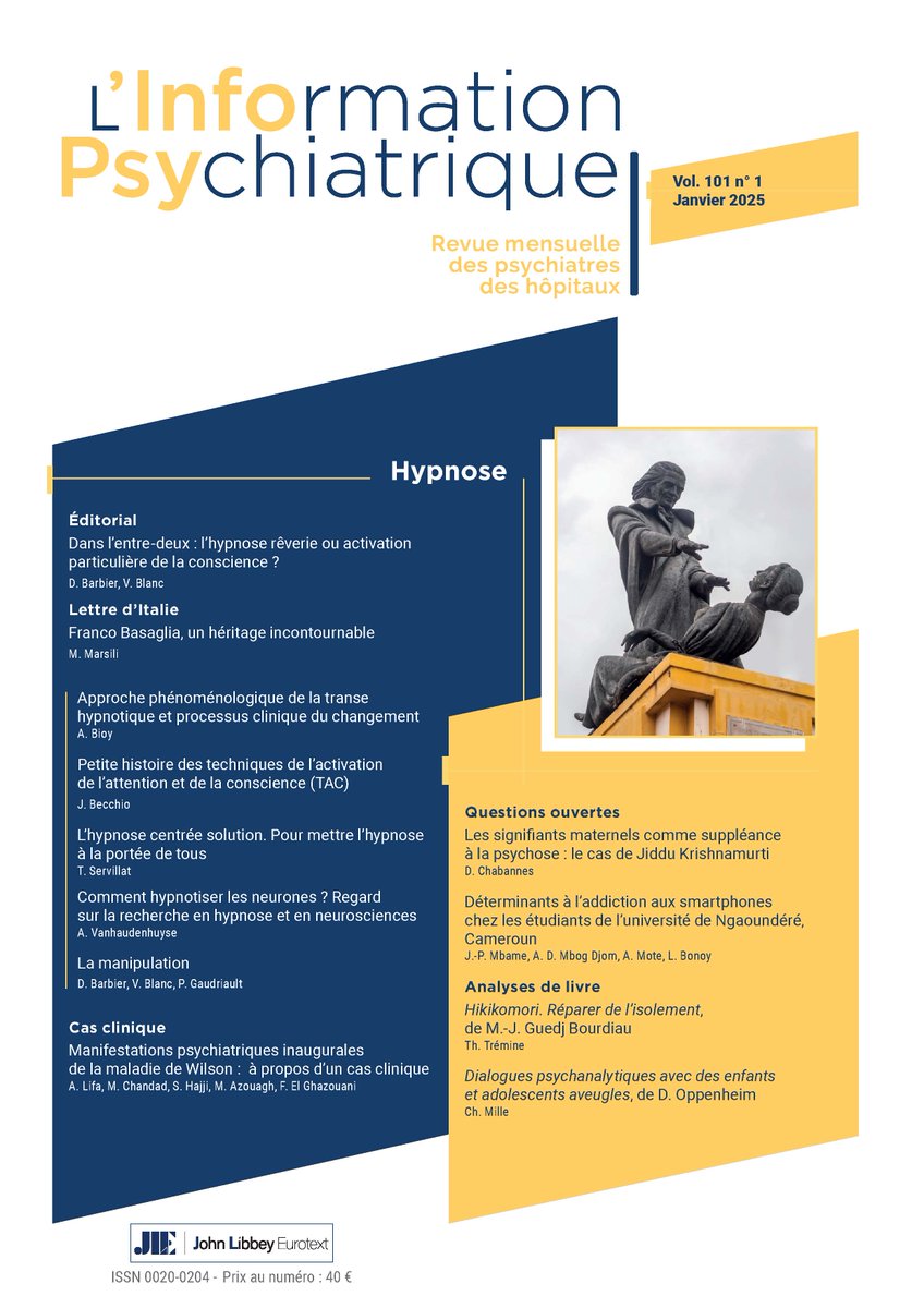 L_InfoPsy's tweet image. 📍Le 1er numéro de l'année de @L_InfoPsy vient de paraître ⏭️ tinyurl.com/wzuhab26 !
L’#hypnose, à l'histoire déjà longue, a retrouvé, en plus de ses applications psychothérapiques, des indications en anesthésiologie et dans le traitement de la douleur.
Bonne lecture !