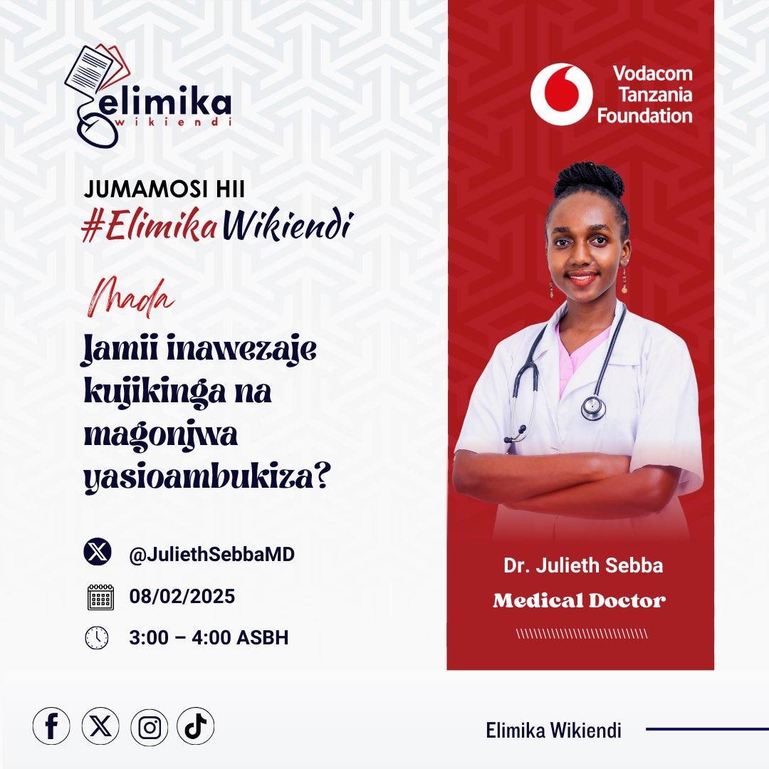 Je unajua ni namna gani utakikinga na magonjwa yasiyoambukiza?

Kesho Saa 3:00 - 4:00 Asubuhi Ungana na <a href="/JuliethSebbaMD/">Julieth Sebba Bilakwate, MD</a> ili tupate elimu ya namna ya kujikinga.
#ElimikaWikiendi #PamojaTunaweza 

<a href="/MuhimbiliTaifa/">Muhimbili National Hospital</a> <a href="/Vodacomtzfound/">Vodacom Tanzania Foundation</a>