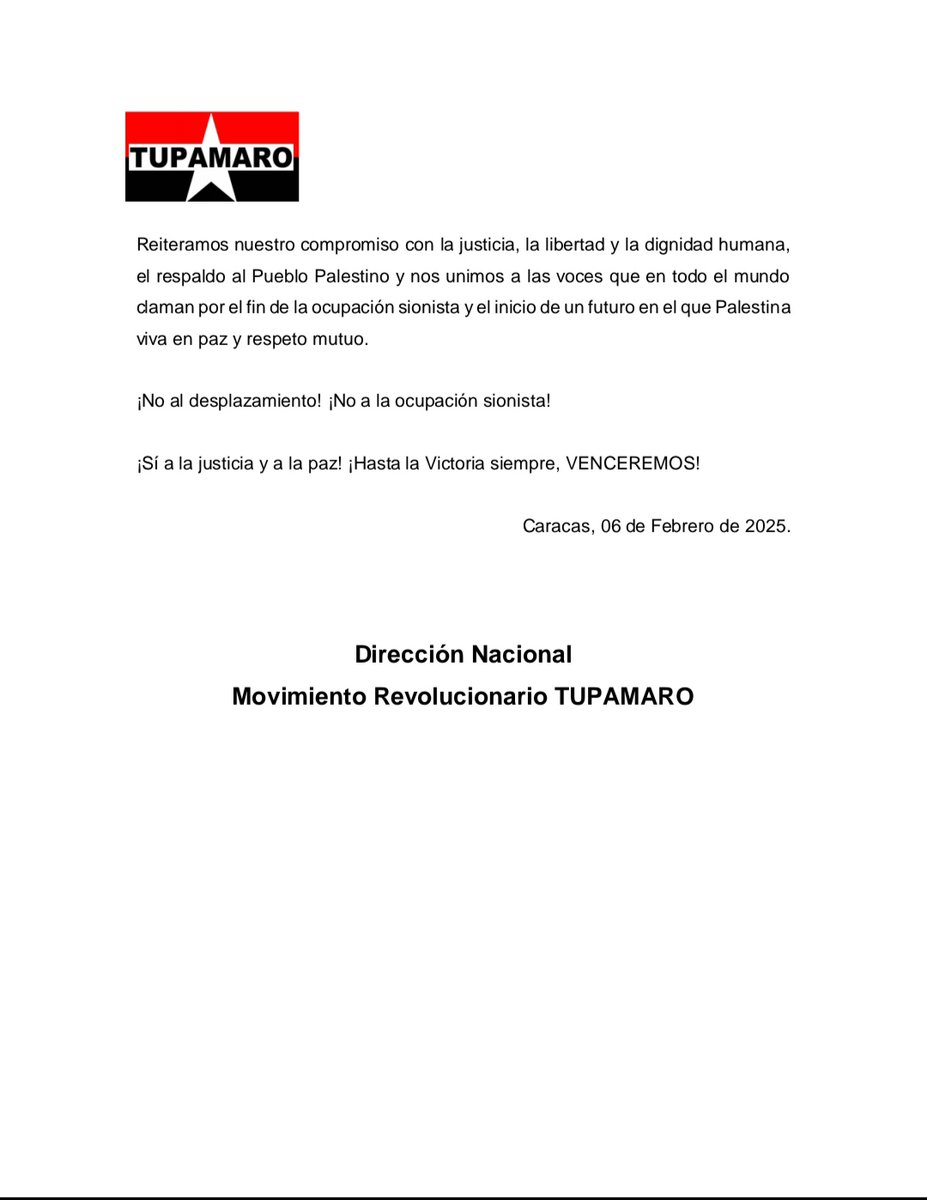 #COMUNICADO || Desde el Movimiento Revolucionario TUPAMARO expresamos nuestro rechazo a las recientes declaraciones y acciones promovidas por Donald Trump y el Estado sionista de Israel que buscan desplazar al pueblo Palestino de sus tierras ancestrales.

¡No al Desplazamiento!