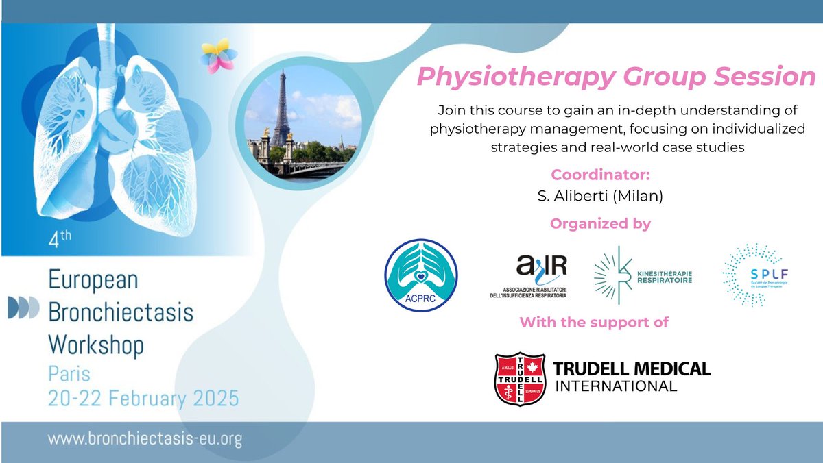 Gain expertise in physiotherapy at #EBROW25!
📅 22 Feb, 8:00–13:00📍(CICSU) or virtually
Join experts to explore:
🩺Disease awareness &amp; individualized strategies
💡 Case studies/simulations
🤝Optimizing care for #bronchiectasis patients
👉 bronchiectasis-eu.org/2025/