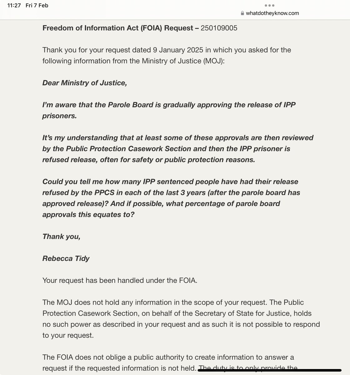 Rebecca Tidy (@drrebeccatidy) on Twitter photo <a href="/IPPPRISONER/">IPP ACTION 90</a> <a href="/POAnatchair/">National Chair POA</a> <a href="/POAUnion/">POA</a> Hey. I asked the MOJ about this + they’re adamant that the PPCS doesn’t have the power to overrule any Parole Board decisions. What do you reckon? Have I phrased it wrong in the letter? <a href="/IPPPRISONER/">IPP ACTION 90</a> <a href="/POAnatchair/">National Chair POA</a> <a href="/POAUnion/">POA</a> Hey. I asked the MOJ about this + they’re adamant that the PPCS doesn’t have the power to overrule any Parole Board decisions. What do you reckon? Have I phrased it wrong in the letter?