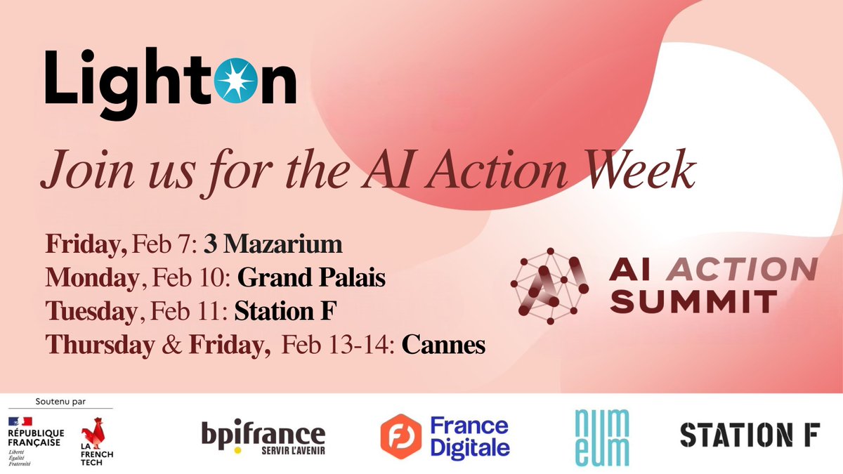 ✨The AI Action Week starts today!
Join us for the following events and experience the latest version of Paradigm, LightOn state-of-the-art #GenAI platform, designed for enterprise security and tailored to business specific needs.

📅 #Friday, February 7: AI France Summit by