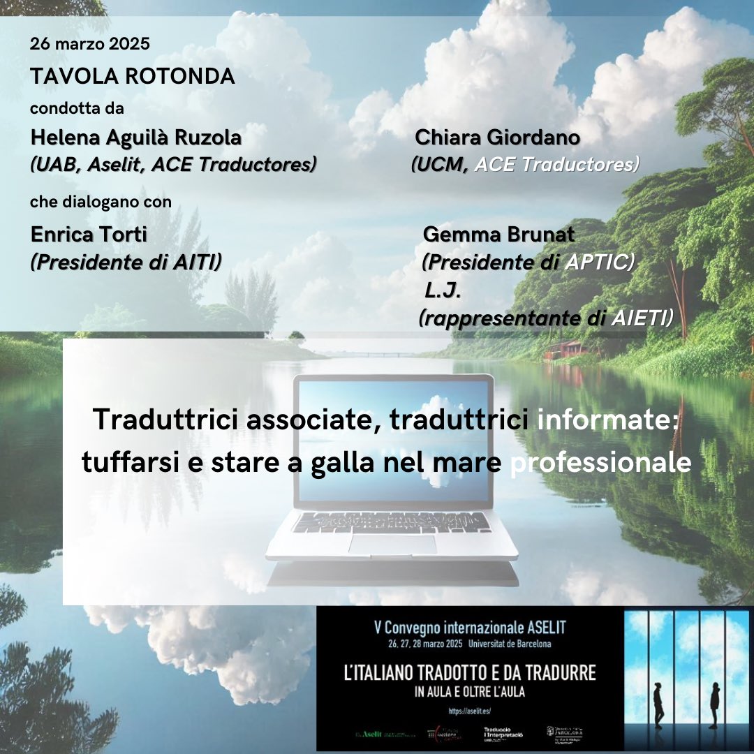 🔶 Il 26 marzo, dopo il secondo blocco, si potrà assistere a una tavola rotonda sulle traduttrici.

🔗 Per consultare il programma del convegno:

aselit.es/V_Congreso_ASE…

#siamoaselit #convegnoaselit5 #italianistica #traduzioneita #filologíaitaliana