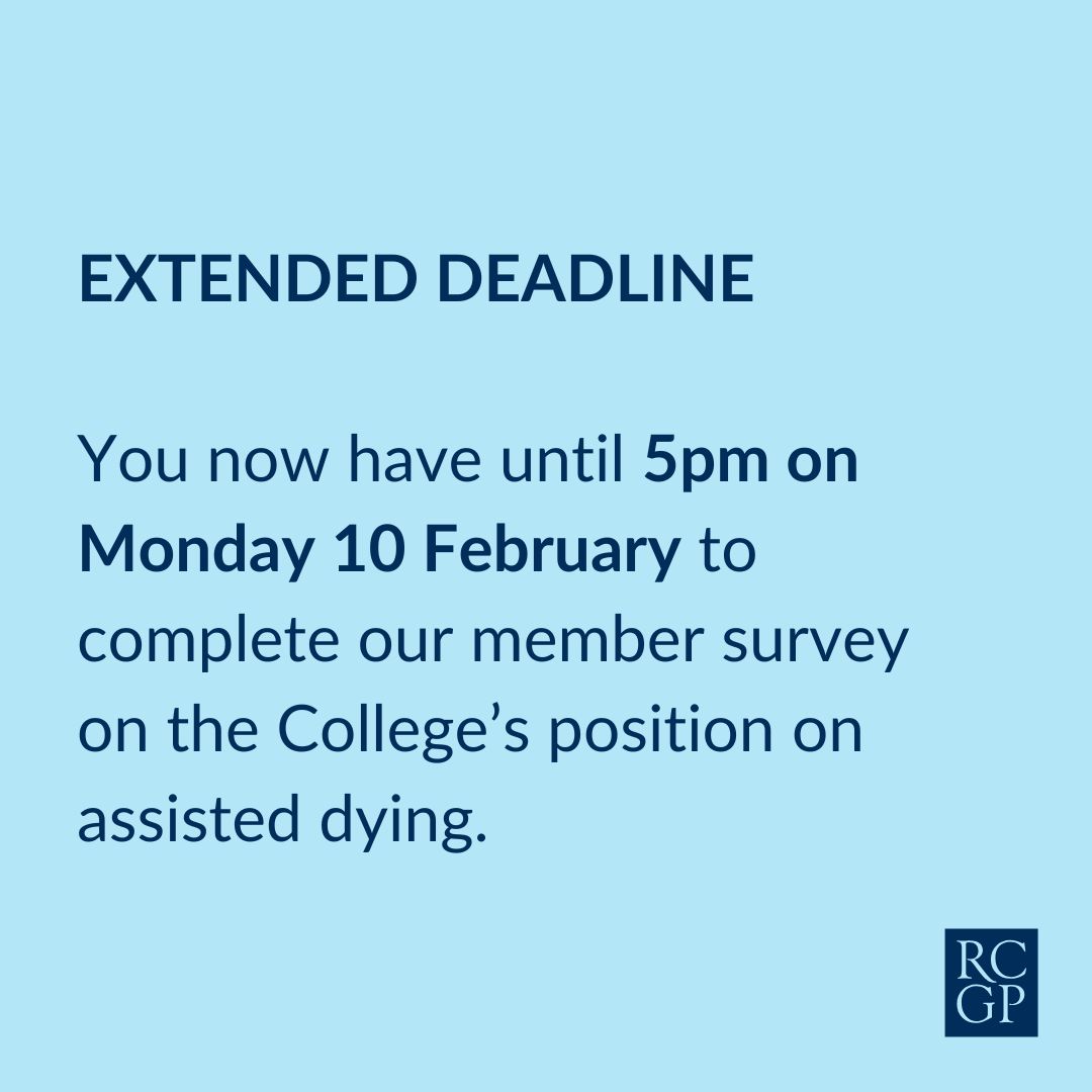 Royal College of General Practitioners (@rcgp) on Twitter photo Thanks to the 8,300+ of you who’ve already responded to our survey on assisted dying.
If you haven’t yet seen the survey link, please search in the email account that is listed on your ‘My RCGP’ member account, and for an email from: rcgp.members.survey@savanta-surveys.com. Thanks to the 8,300+ of you who’ve already responded to our survey on assisted dying.
If you haven’t yet seen the survey link, please search in the email account that is listed on your ‘My RCGP’ member account, and for an email from: rcgp.members.survey@savanta-surveys.com.