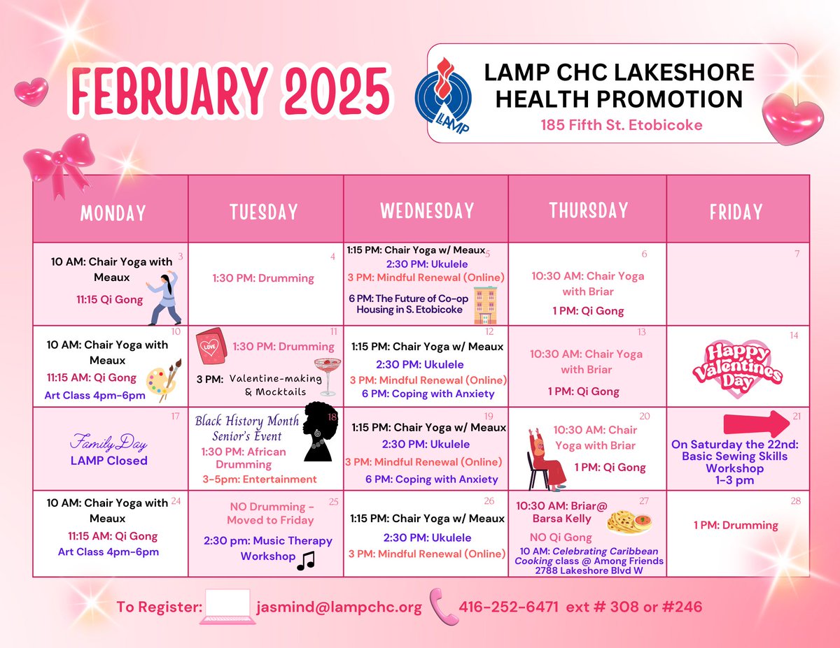 📷 UPDATED February Calendar! For the final week of Feb. only: Drumming will be on Fri, Feb 28 @ 1PM, Briar's Chair Yoga on Feb 27 will be held at Barsa Kelly Co-op and there is No Qigong on Thurs 27. A  new Sewing Workshop on Sat Feb 22 at 1pm, and a new Music Therapy Workshop!