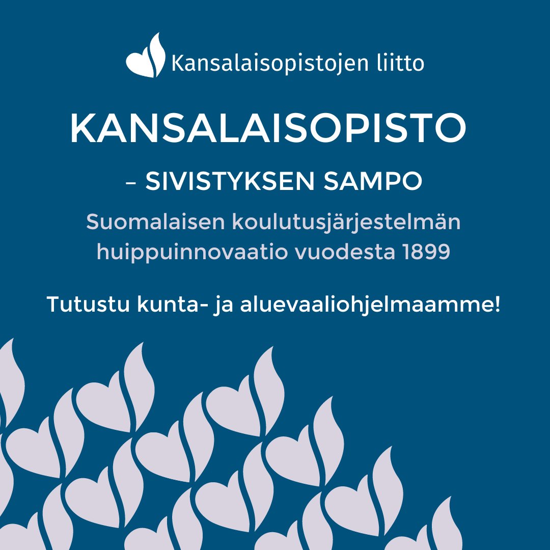 Nyt on aika ottaa selvää, miten kansalaisopistot voivat edistää kuntien vetovoimaa ja menestystä. Tutustu Kansalaisopistojen liiton kunta- ja aluevaaliohjelmaan ja ota sivistysteot haltuun!

kansalaisopistojenliitto.fi/blog/kansalais…

#kuntavaalit 
#kansalaisopisto
#kansalaisopistojenliitto