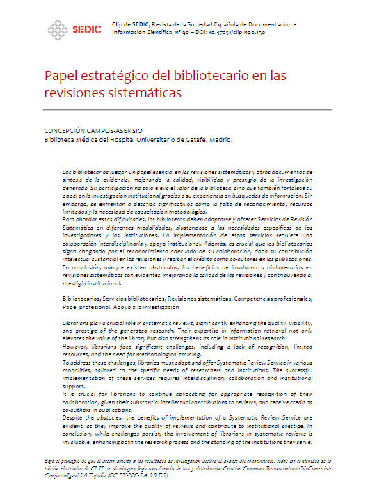 biblioGetafe's tweet photo. Librarians play a crucial role in #SystematicReviews 
👉Challenges and benefits of librarian involvement in #sysrev 
#medlibs 
Campos Asensio, C. (2024). Papel estratégico del bibliotecario en las revisiones sistemáticas. CLIP De SEDIC, (90), 19–32.
🔗https://t.co/MObYu719fJ https://t.co/D46ZIOE6gh