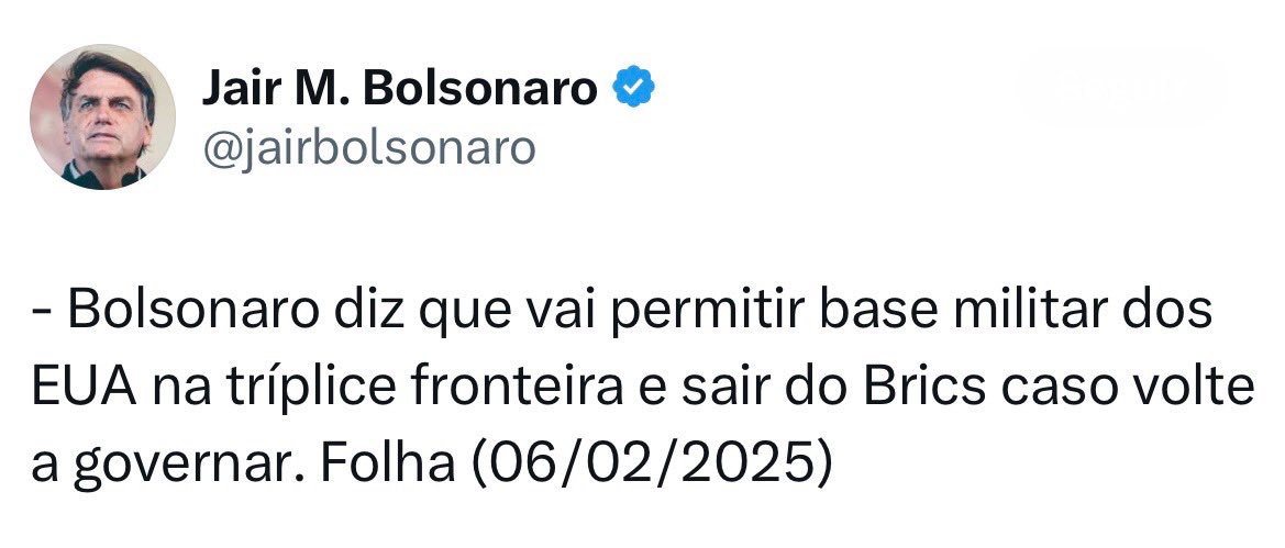 Olha como o Bolsonaro é um BOSTA, já ta prometendo entregar o Brasil para o Trump e mostrando ser um cachorrinho dos EUA. Quer sair do bloco mais forte do momento, largar nosso MAIOR parceiro comercial que é a CHINA.
Bolsonaro, você VAI SER PRESO 👍🏻