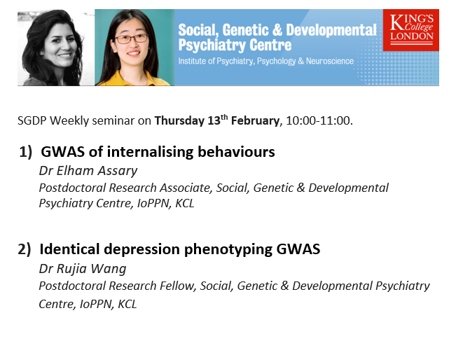 SGDP Centre KCL (@sgdpcentrekcl) on Twitter photo Seminar <a href="/SGDPCentreKCL/">SGDP Centre KCL</a> <a href="/KingsIoPPN/">Institute of Psychiatry, Psychology & Neuroscience</a> with Elham Assary and Rujia Wang on Thursday 13th February 2025, 10:00-11:00am. Seminar <a href="/SGDPCentreKCL/">SGDP Centre KCL</a> <a href="/KingsIoPPN/">Institute of Psychiatry, Psychology & Neuroscience</a> with Elham Assary and Rujia Wang on Thursday 13th February 2025, 10:00-11:00am.