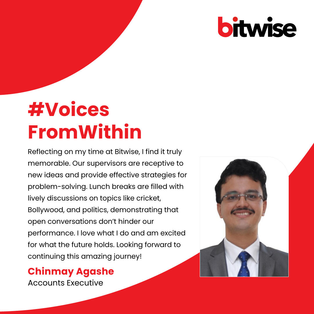 Bitwise_Updates's tweet image. Check out Chinmay Agashe’s journey in #VoicesFromWithin! An open and collaborative environment at Bitwise, coupled with strong mentorship and engaging discussions, makes every day memorable. 
Learn more about #LifeATBitwise here: bitwiseglobal.com/en-us/careers/

#bitwise