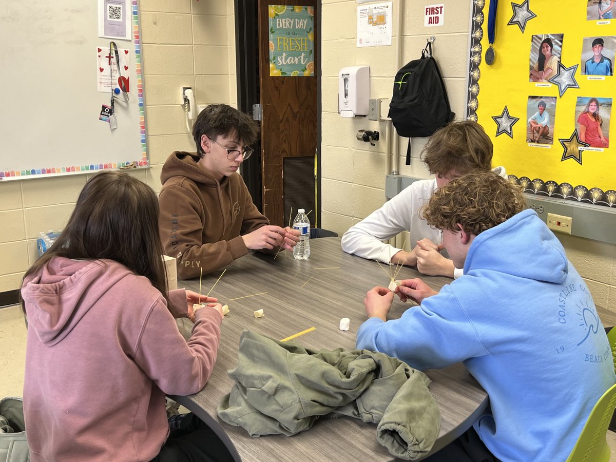 BahnsonNBTeach's tweet photo. Students in entrepreneurship competing in the marshmallow challenge—given three resources and only 15 minutes to create the tallest tower that would support a marshmallow for 15 seconds; planning, problem solving, creativity and teamwork; winners in last picture! #sdnblearns https://t.co/reQPlLo7dg