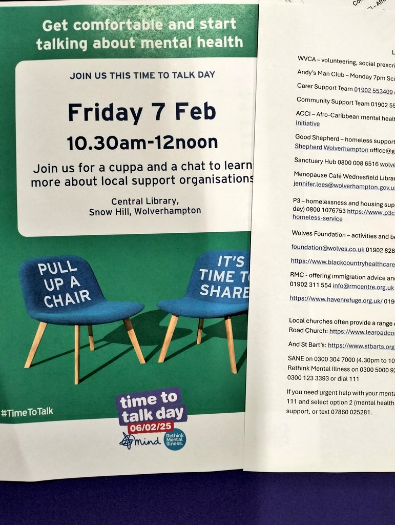 Join the Time to Talk Day at Central Library, Wolverhampton.  Jen &amp; <a href="/WolvesLibraries/">Wolves Libraries</a> team talking about mental health and to offer an opportunity to learn more about local support organisations. Grateful for <a href="/BchftCommunity/">BCHFT Community Connexions</a> and <a href="/UnderservedC/">UnderservedPopulationsCDW</a> to be a small part of it 😊.