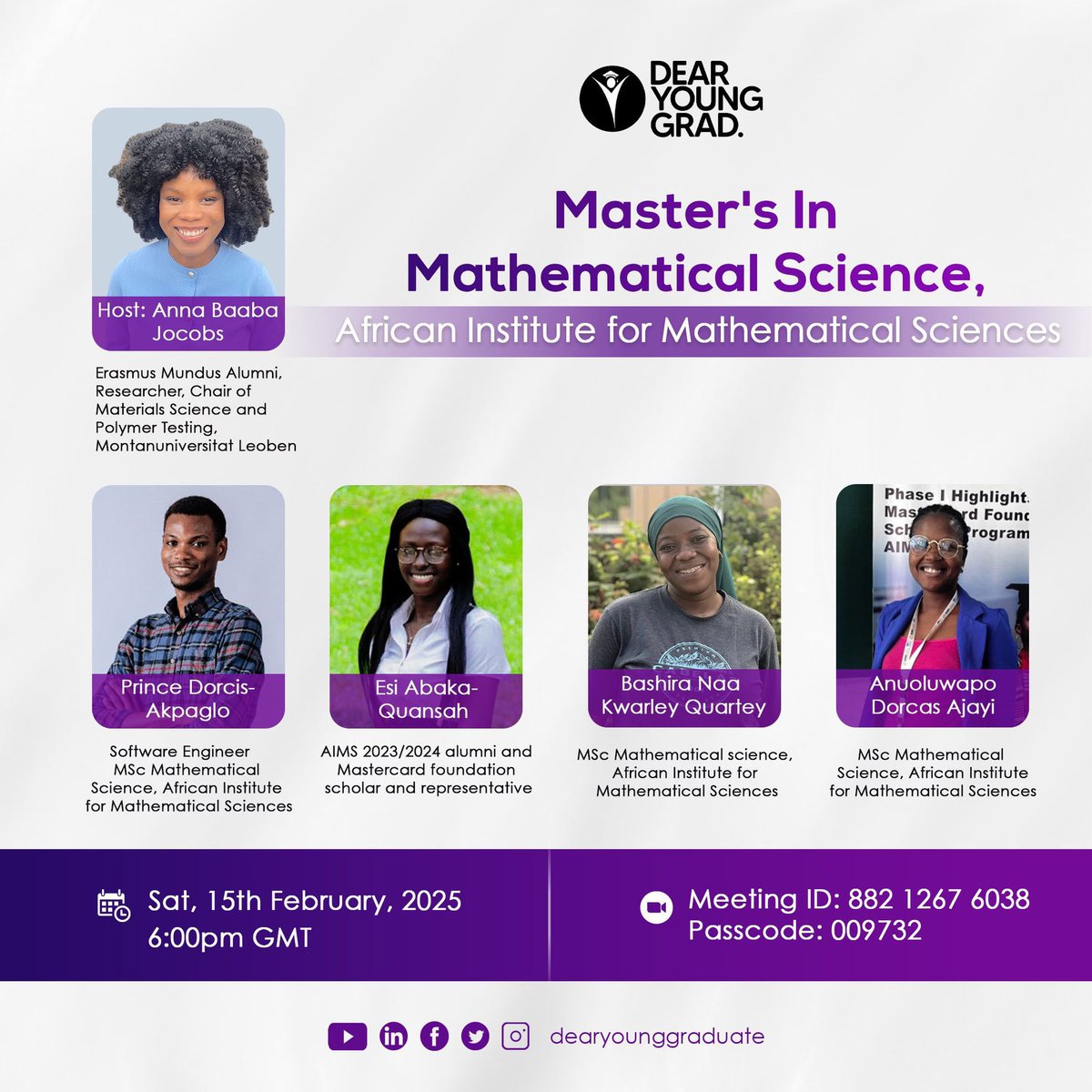 _*What will you be doing a day after Valentine's Day?*_🤔

We’ll be hosting a power-packed session with AIMS scholars who’ve turned their love for Math into something thriving.

📅 Date: Saturday, 15th February 2025
⏰ Time: 6:00 PM GMT
