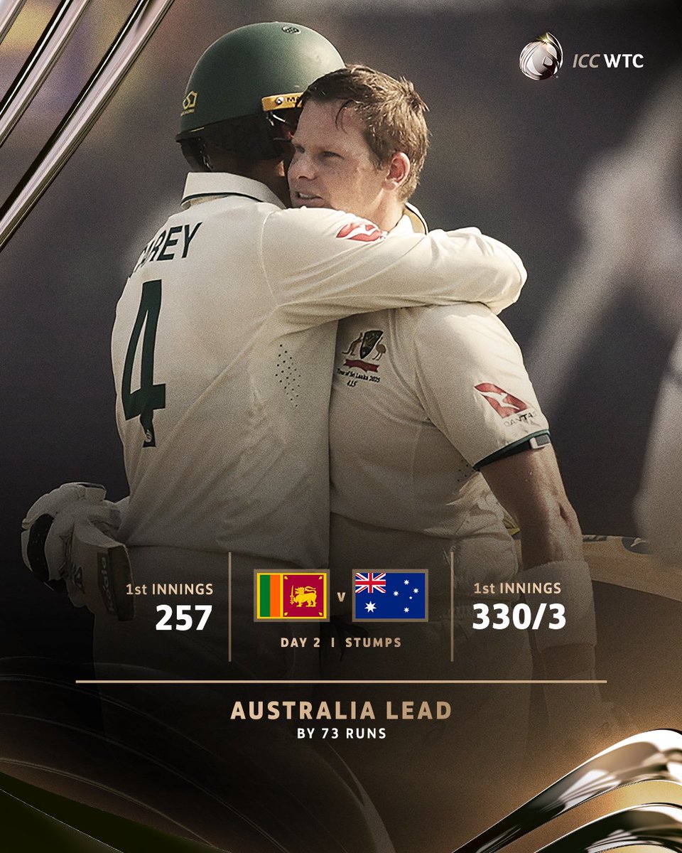 ICC's tweet photo. Steve Smith and Alex Carey put Australia in the driving seat as second day’s play comes to an end in Galle 💪

#WTC25 | #SLvAUS 📝:  https://t.co/PVPw6kEWQP https://t.co/9U88ovSAwV