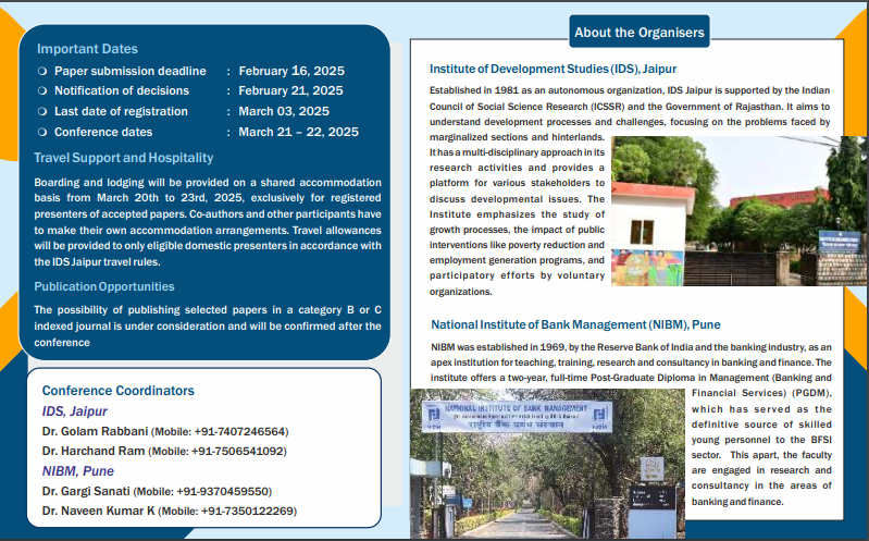 IDS_JPR's tweet image. Submit your research papers by Feb 16, 2025! [ids.nibm.ffd2025@gmail.com]  #FinanceForDevelopment #CallForPapers #ResearchConferenceInstitute of Development Studies, Jaipur (IDSJ) National Institute of Bank Management (NIBM,Pune)