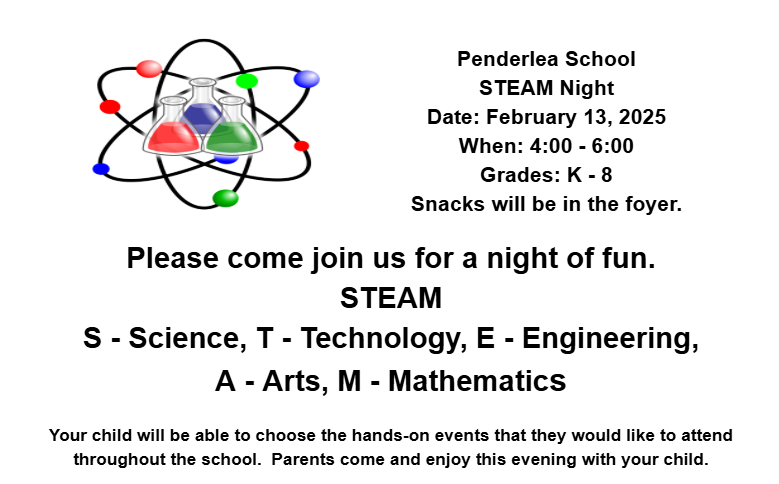 Please join us for our annual STEAM Night on Thursday, February 13th from 4pm - 6pm! Bring the whole family for an exciting evening filled with STEAM events and a yummy snack! 

We look forward to seeing you there!