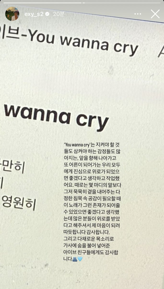 YWC是真心希望能帶給要守護的東西和要壓抑的情感都變多的 一邊往前走一邊長大的我們一點安慰而做的歌

在需要被理解的時候 希望這首歌成為超越話語 只是靜靜在旁陪伴的那種溫柔的沈默 

很多人說透過這首歌得到了安慰 我也覺得心裡暖暖的 感謝大家 也謝謝用豐富的嗓音為歌詞帶來生命的IVE朋友們🫂🩵