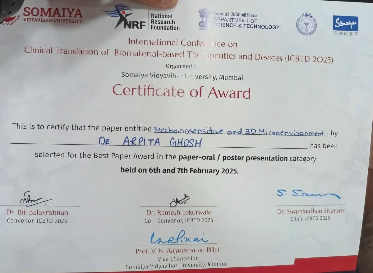 ArpitaGhosh1392's tweet image. It was a gr8 opportunity to present my research on Mechanosensing lncRNAs in GBM at #ICBTD 2025. 
Cherry on cake: bagged the &quot;Best Paper award in Faculty Category.&quot;  
Also, Congratulations to @ran_save and @Tejas_S1996 for 1st and 2nd prize awards for poster. 

@abhijit_MLab