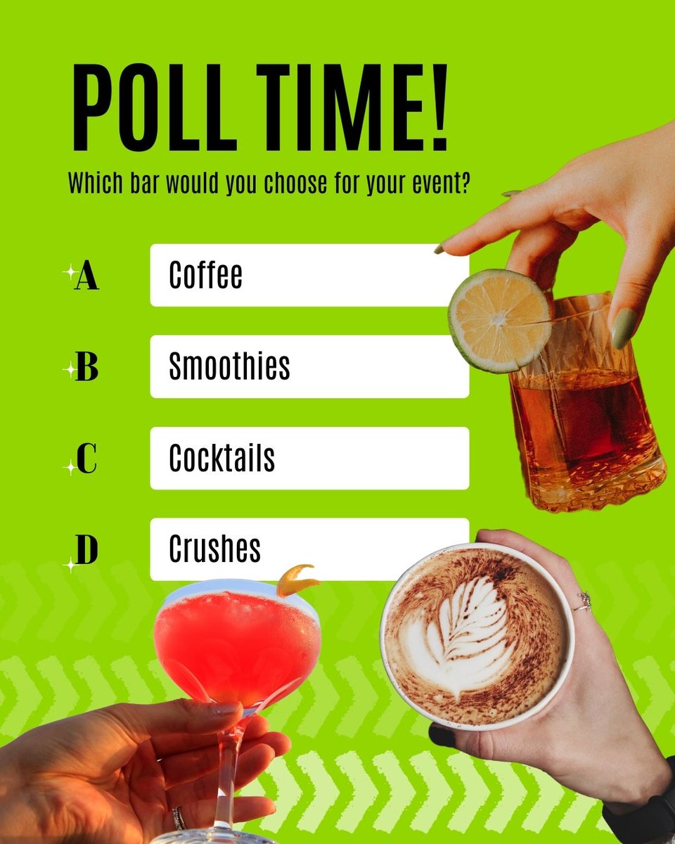 What’s your must-have drink for events?
☕ Coffee
🥤 Smoothies
🍸 Cocktails or 
🍹 Crushes

Comment below!

#Barmotion #Eventspecialists #UniqueHospitality #PollTime #EventFavourites