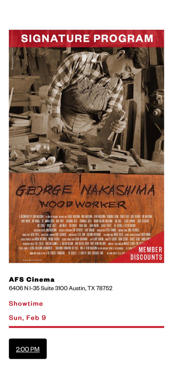 🎞️Only few tickets left - Sunday 2/9 <a href="/2pm/">Two O'clock</a>🎞️ Presented by the Japan-America Society of Greater Austin. At the intersection of philosophy, woodworking, and architecture stands George Nakashima (1905–1990). …

Source: Austin Film Society #AFScinema #JASGA

search.app/vhEsrvtek5yehK…
