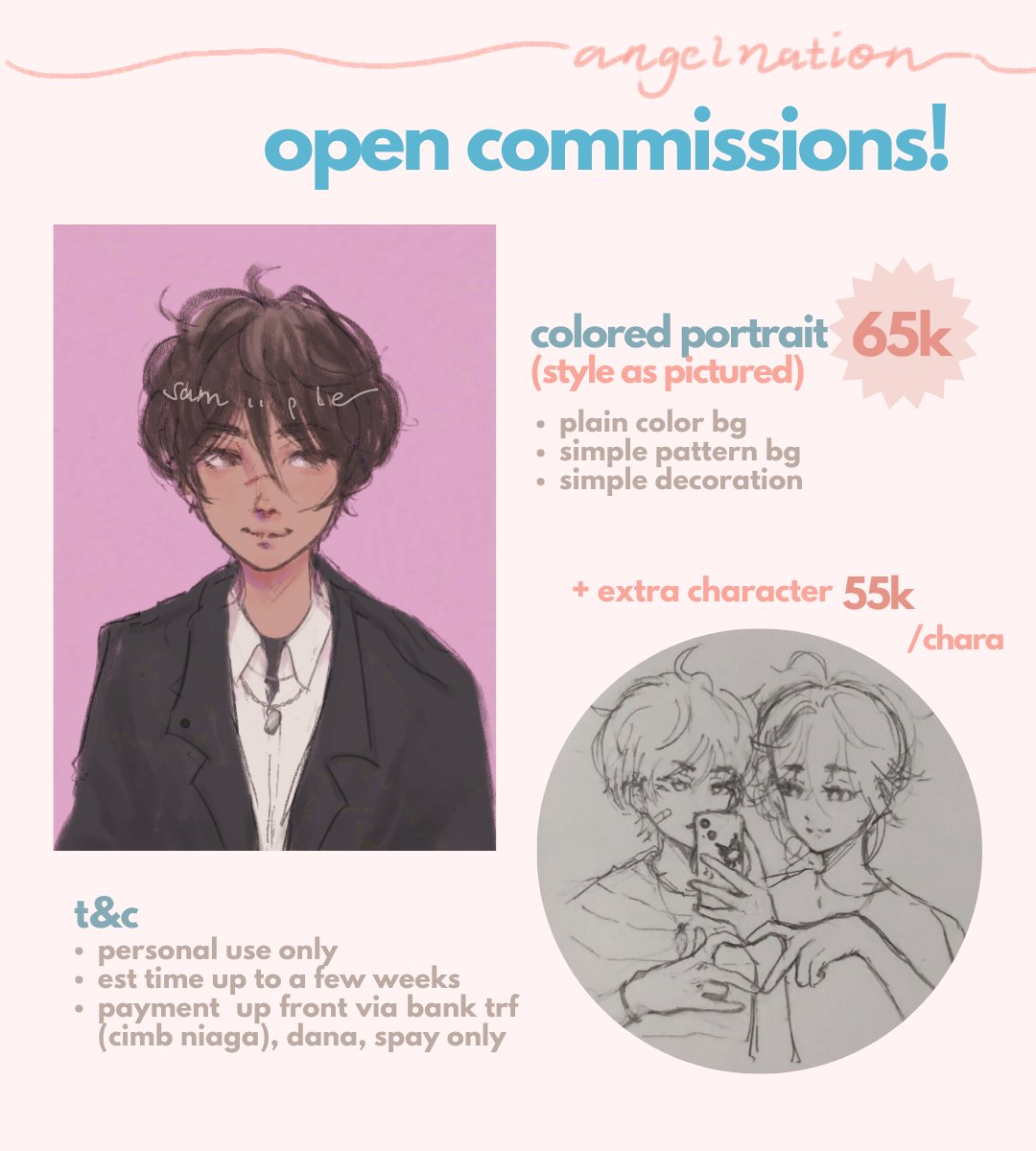 angeInation's tweet image. ✨COMMISSIONS OPEN✨
[RTs &amp;amp; shares appreciated!!]

hii I'm opening comms again for local (IDR) only 💖 open a few slots for now, dm if you're interested!!

#commissionsopen #artidn #zonakaryaid #zonauang