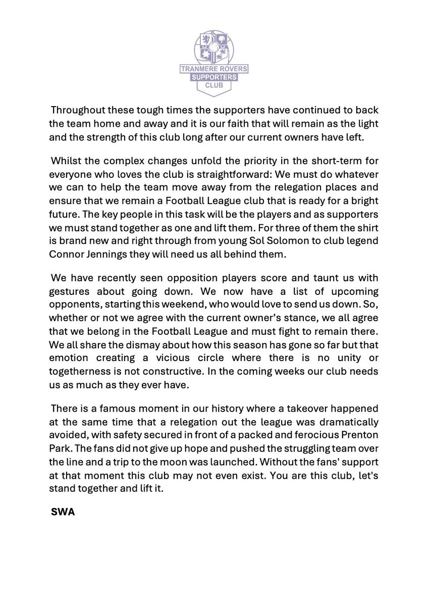 Official Supporters Club Statement: