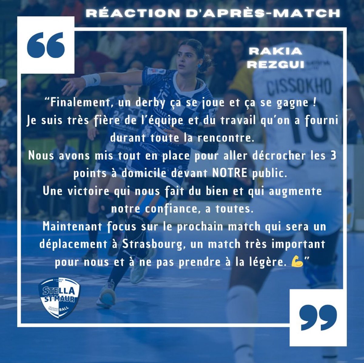 Retrouvez la réaction de notre n•15 RAKIA REZGUI a la suite du derby francilien face au <a href="/Paris92_Off/">Paris 92 🦁</a> et de la victoire des étoiles 🤩💪

J12 de <a href="/LFH_Officiel/">LFH_Officiel</a> ✅

#ensemblepourbriller #damierbleuetblanc #inspirante